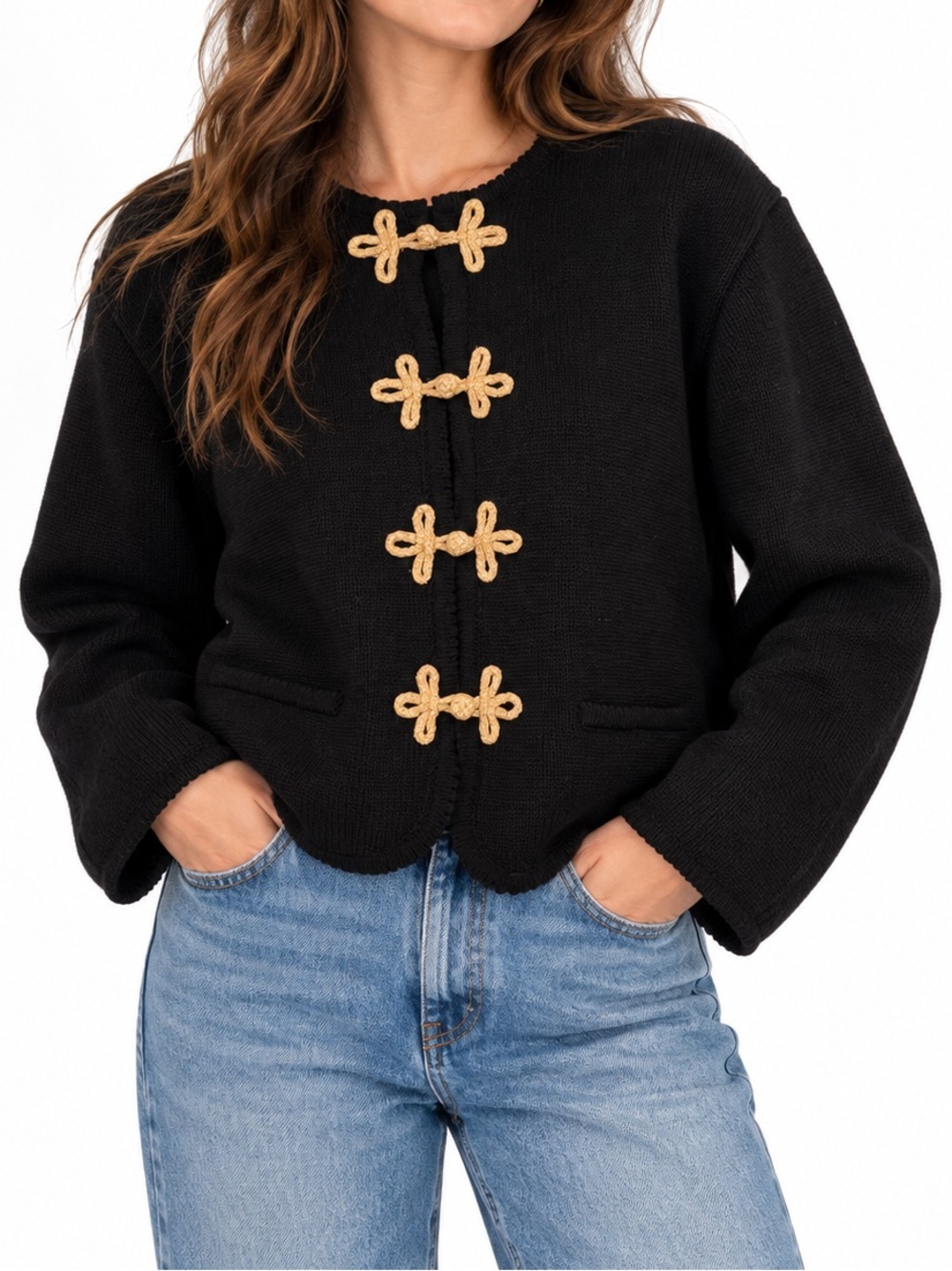 Vintage Tally-Ho Black Knit Cardigan Gold Frog Closures Size S